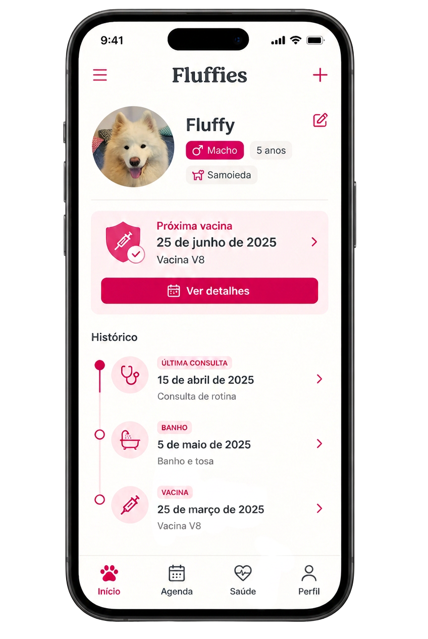 Aplicativo Fluffies mostrando o perfil do pet Fluffy, próxima vacina e linha do tempo com últimas consulta, banho e vacina.
